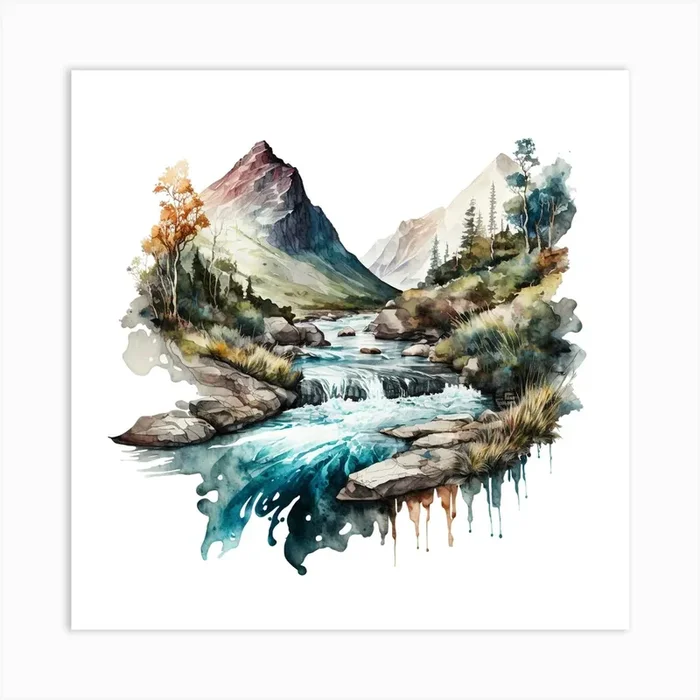 Watercolor Of A Mountain Stream 7 Art Print by aPRESM