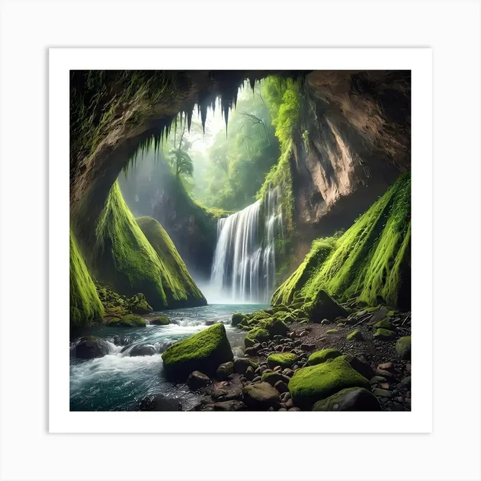 Waterfall In A Cave With Flowing River Art Print by Vinzlim