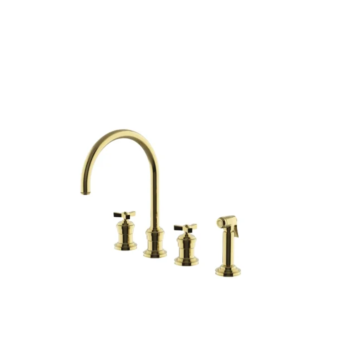 Waterworks Aero Three Hole Gooseneck Kitchen Faucet with Elevated Metal Cross Handles and Spray in Brass