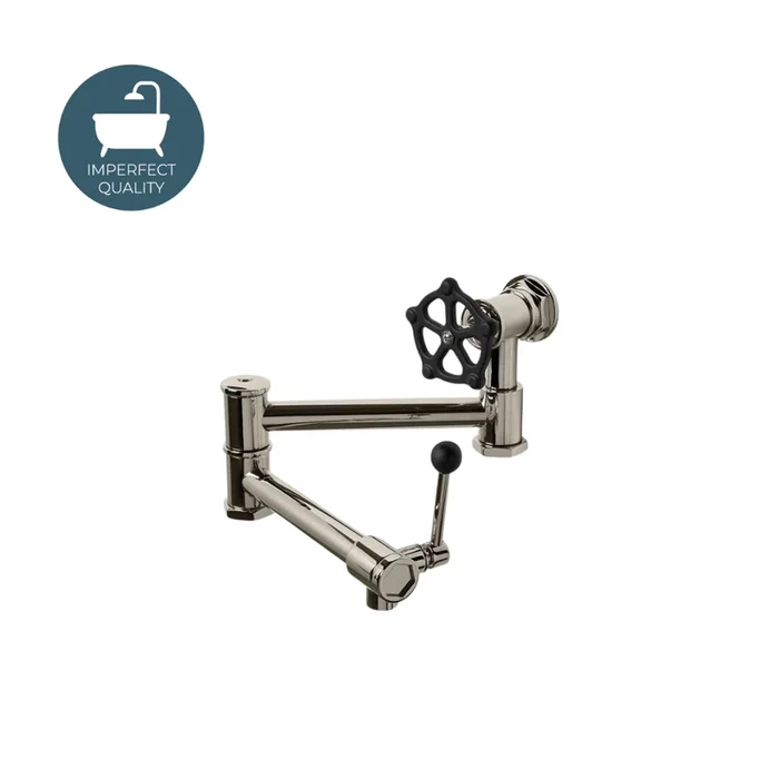 Waterworks Regulator Wall Mounted Articulated Pot Filler, Black Wheel and Lever Handles in Nickel