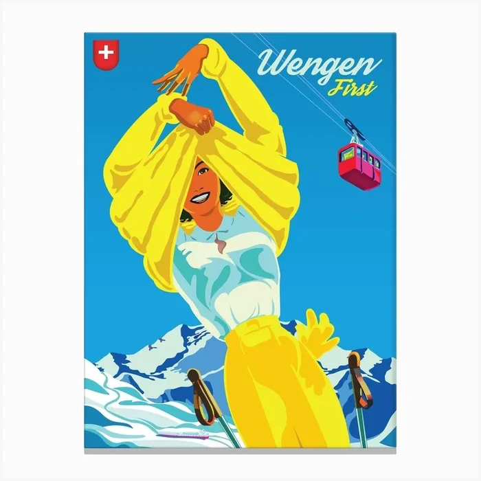 Wengen, Happy Skier on a Sunbath, Switzerland Canvas Print by Vintage Spirit