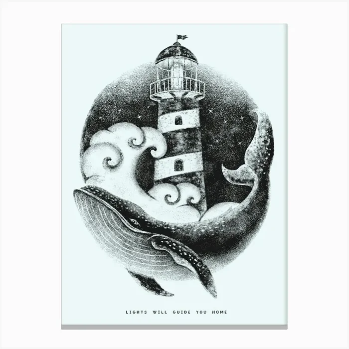 Whale Lighthouse Waves Ocean Sea Canvas PrintVC by Vincent Cousteau