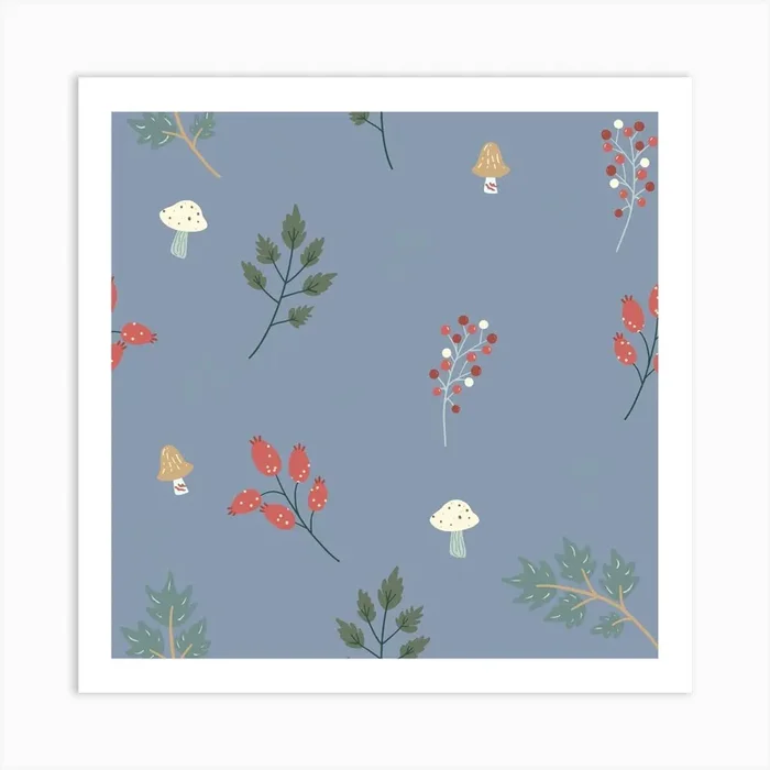 Whimsical Mushroom Repeat Blue Art Print by MiniPopTart