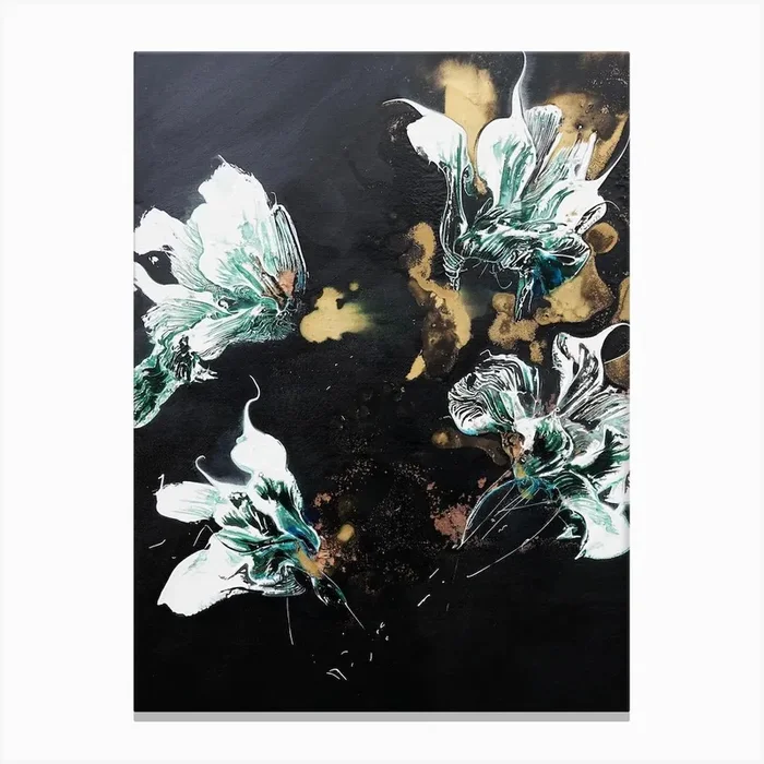 White And Green Flowers Black Background Painting Canvas Print by Françoise Wattré