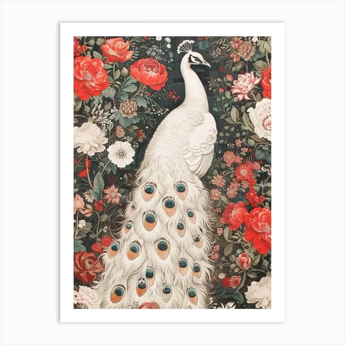 White Peacock Vintage Floral Wallpaper 2 Art Print by Featherline
