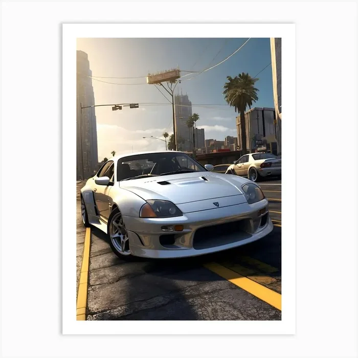 White Sports Car Driving Down The Street Art Print by Ishwar Creation