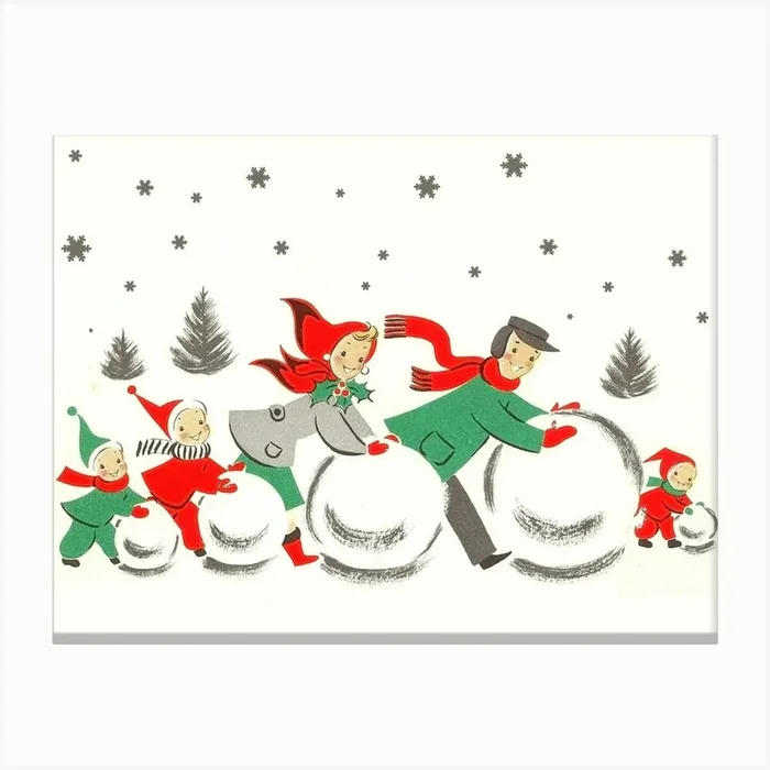 Whole Family Rolling Snowballs, Funny Greeting Canvas Print by Vintage Spirit