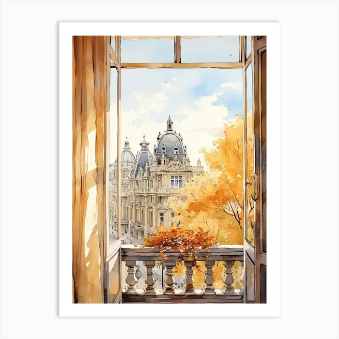 Window View Of Brussels Belgium In Autumn Fall, Watercolour 4 Art Print by Urban Vistas