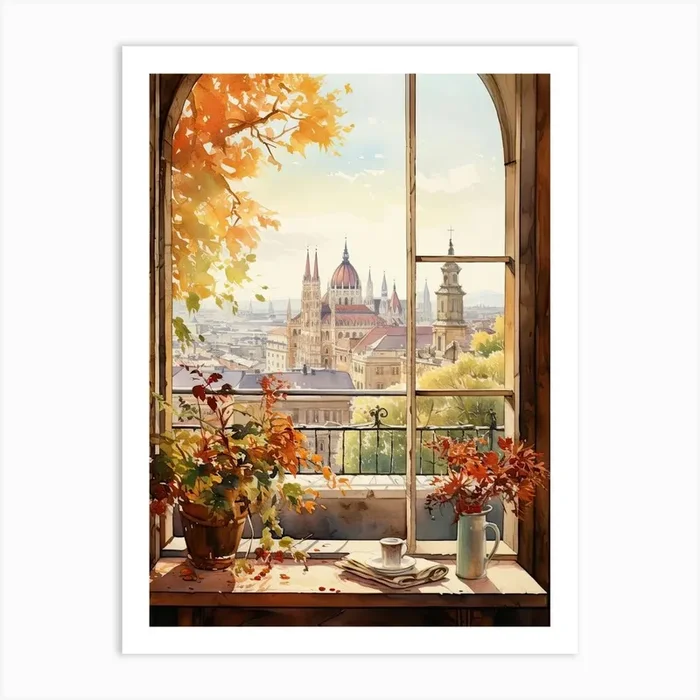 Window View Of Budapest Hungary In Autumn Fall, Watercolour 2 Art Print by Urban Vistas