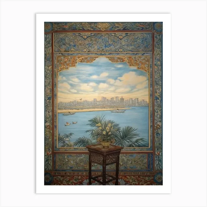 Window View Of Dubai United Arab Emirates In The Style Of William Morris 1 Art Print by Urban Vistas