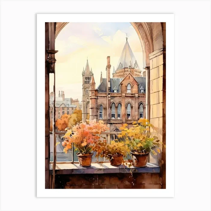 Window View Of Dublin Ireland In Autumn Fall, Watercolour 3 Art Print by Urban Vistas