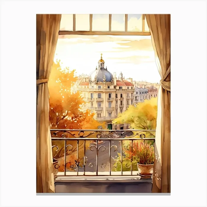 Window View Of Madrid Spain In Autumn Fall, Watercolour 4 Canvas Print by Urban Vistas
