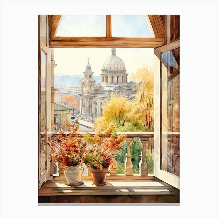 Window View Of Sofia Bulgaria In Autumn Fall, Watercolour 2 Canvas Print by Urban Vistas