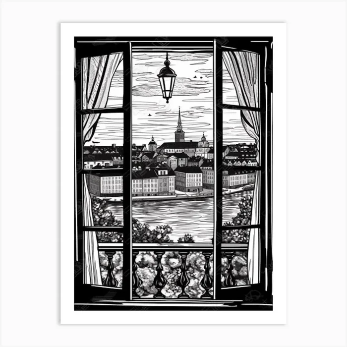 Window View Of Stockholm Sweden Black And White Colouring Pages Line Art 4 Art Print by Urban Vistas