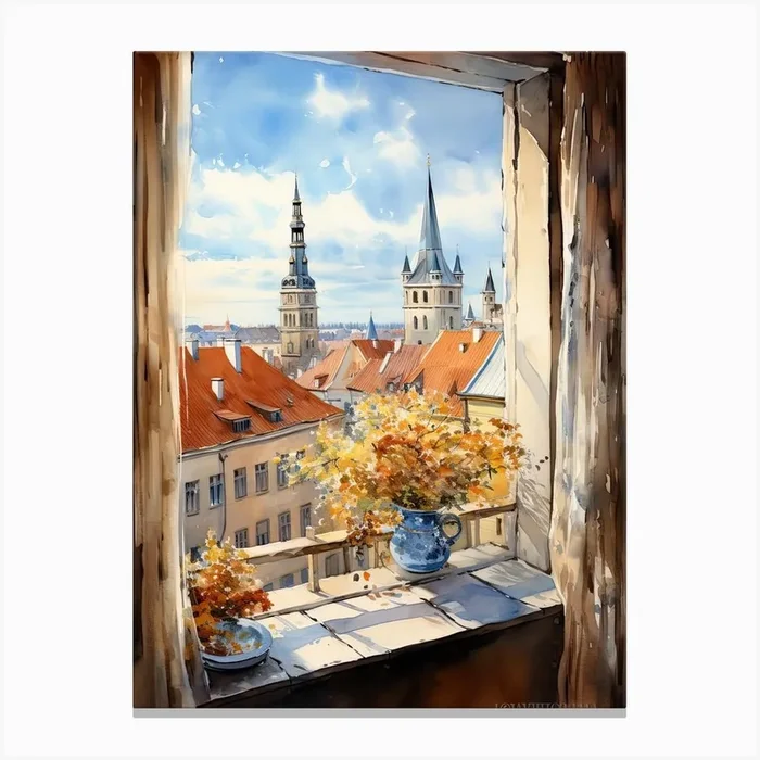 Window View Of Tallinn Estonia In Autumn Fall, Watercolour 1 Canvas Print by Urban Vistas