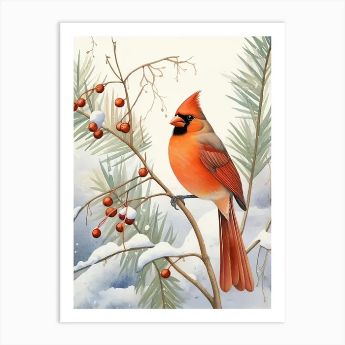 Winter Bird Painting Northern Cardinal 2 Art Print by Feathered Muse