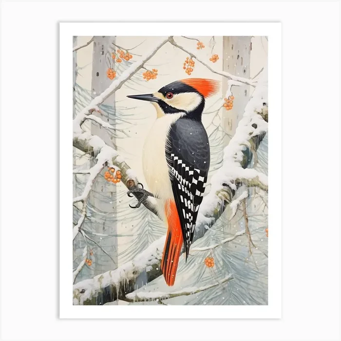 Winter Bird Painting Woodpecker 1 Art Print by Feathered Muse