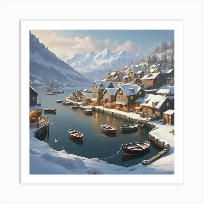 Winter Village By A Quiet Harbor With Snow Art Print by Vinzlim