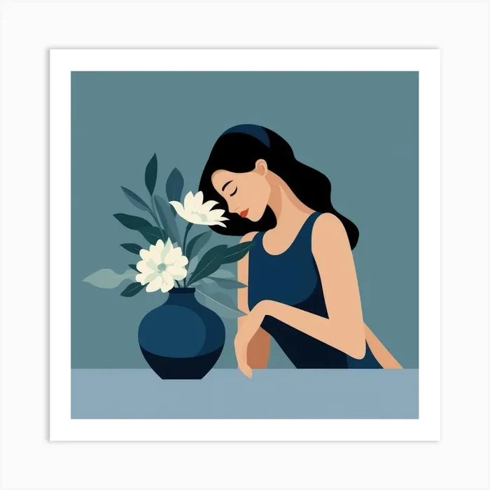 Woman Smelling Flowers Art Print by Moving Clouds Art