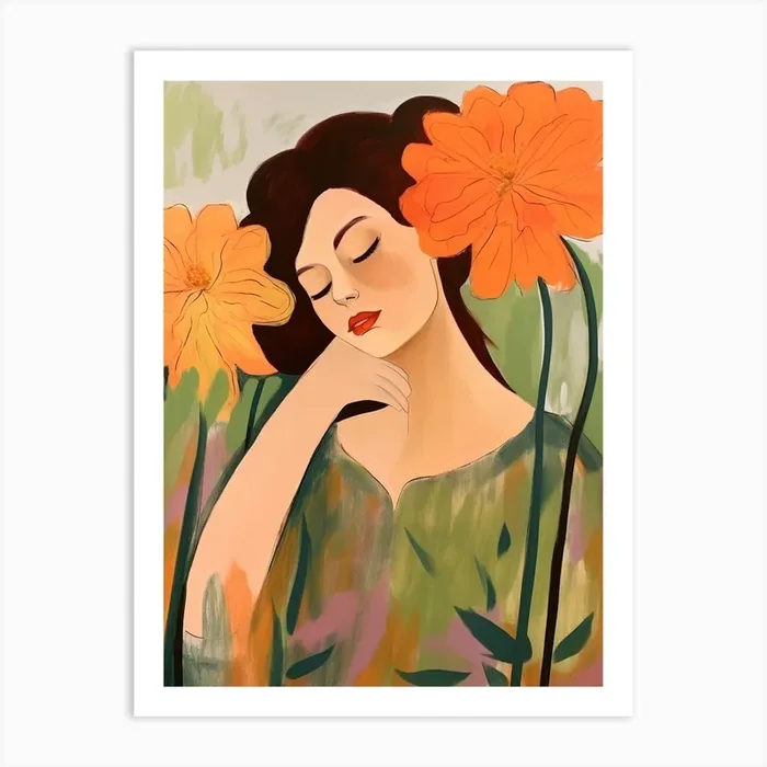 Woman With Autumnal Flowers Amaryllis Art Print by Botanic Studio