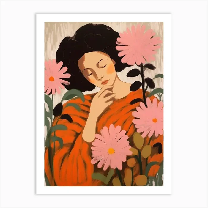 Woman With Autumnal Flowers Chrysanthemum Art Print by Botanic Studio