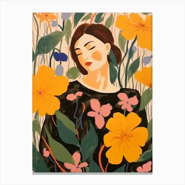 Woman With Autumnal Flowers Morning Glory 1 Canvas Print by Botanic Studio