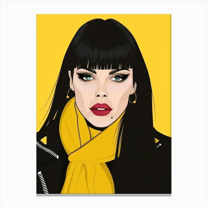 Woman With Black Hair And Yellow Scarf Canvas Print by Moving Clouds Art
