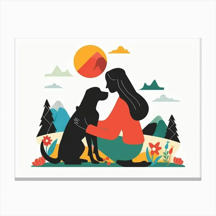 Woman With Dog Canvas Print by Moving Clouds Art