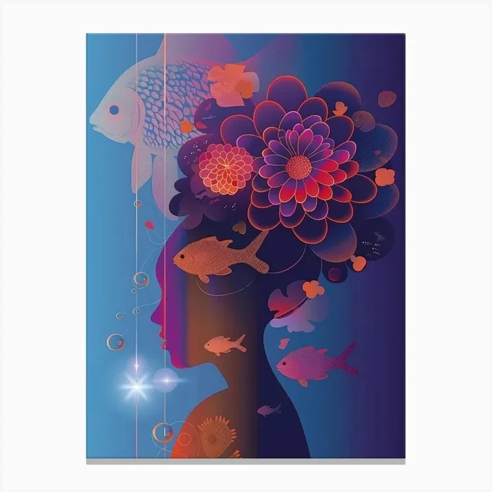 Woman With Fishes And Flowers Canvas Print by Moving Clouds Art