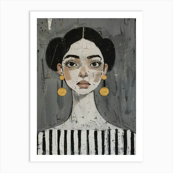 Woman With Gold Earrings Art Print by Moving Clouds Art