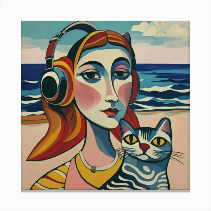 Woman With Headphones And A Cat Canvas Print by FOX & JAY