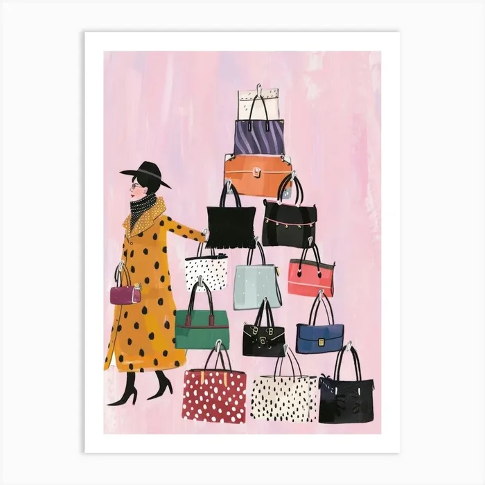 Woman With Many Handbags Art Print by Moving Clouds Art