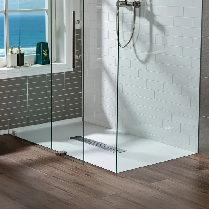 WOODBRIDGE 47.5 in L x 35.4 in W Zero Threshold End Drain Shower Base with Center Drain Placement, Matching Decorative Drain Plate and Tile Flange, Wheel Chair Access, Low Profile