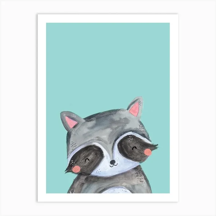 Woodland Racoon On Mint Art Print by Laura Pantony