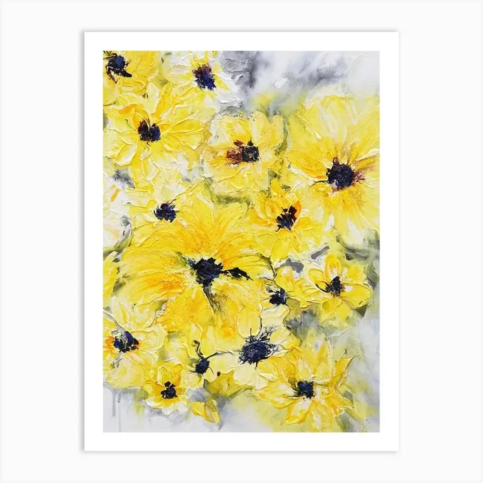Yellow Flowers White Background Painting 2 Art Print by Françoise Wattré