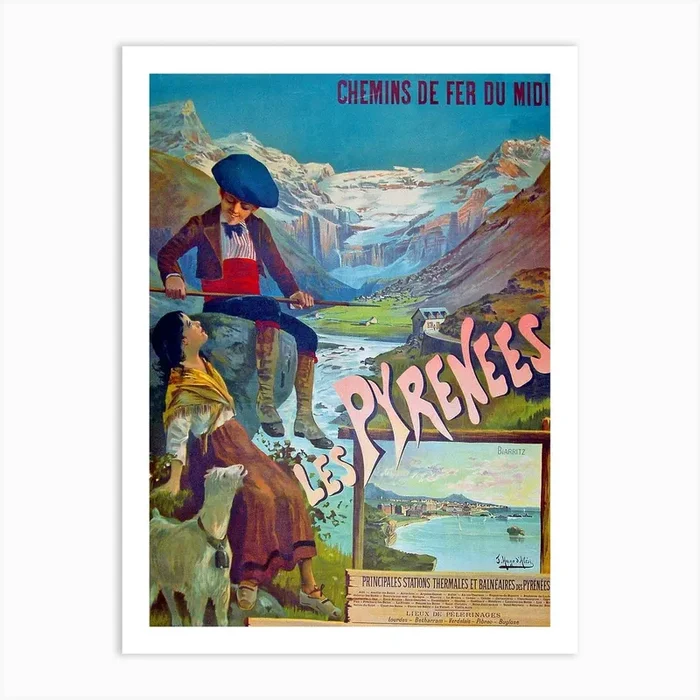 Young Couple On Pyrenees, France, Vintage Travel Poster Art Print by Vintage Spirit
