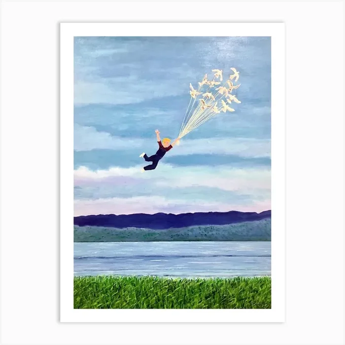 Youth Is Fleeting Boy Flying With Birds Art Print by Tom Blood