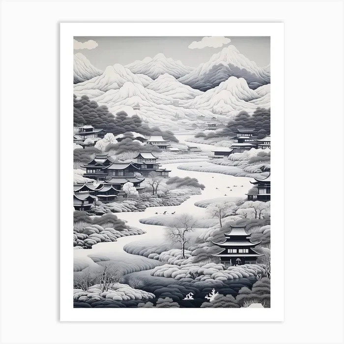 Yufuin In Oita, Ukiyo E Black And White Line Art Drawing 2 Art Print by Ukiyo-e Wonders