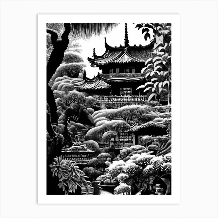 Yuyuan Garden, China Linocut Black And White Vintage Art PrintGO by Gardens of the World Art Prints & Posters