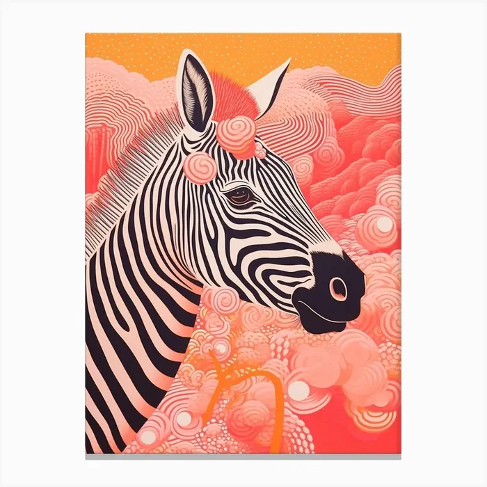 Zebra Pink Orange Line Portrait 3 Canvas Print by AfricanWild Strokes