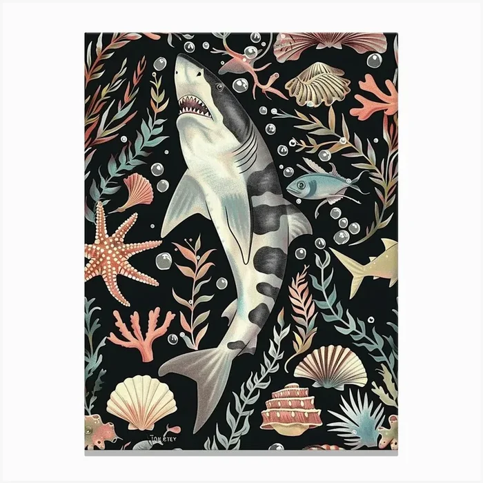 Zebra Shark Seascape Black Background Illustration 1 Canvas Print by Energy of the Sea