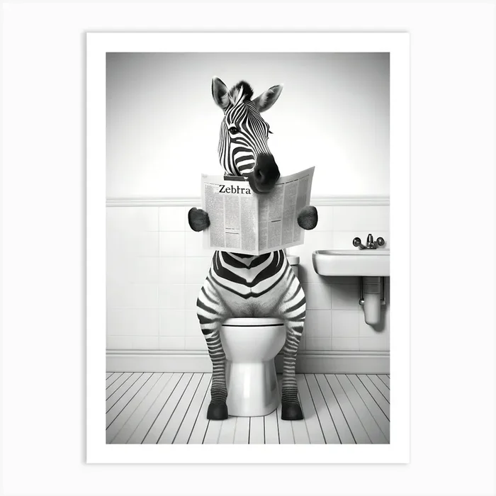 Zebra Sitting On An Open Toilet Reading A Newspap Art Print by PINK RIVER