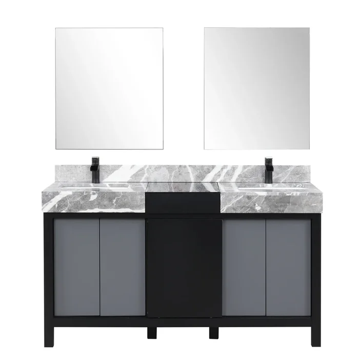 Zilara 60 in W x 22 in D Black and Grey Double Bath Vanity, Castle Grey Marble Top, Matte Black Faucet Set and 28 in Mirrors