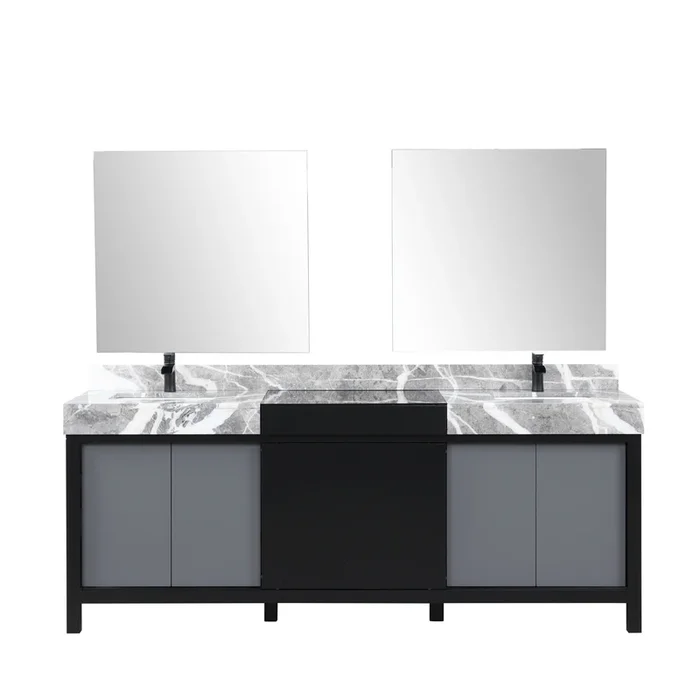 Zilara 84 in W x 22 in D Black and Grey Double Bath Vanity, Castle Grey Marble Top, Matte Black Faucet Set and 34 in Mirrors