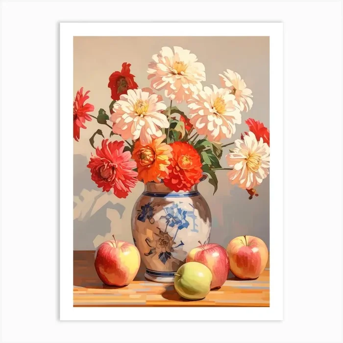 Zinnia Flower And Peaches Still Life Painting 4 Dreamy Art Print by Flora Expressions