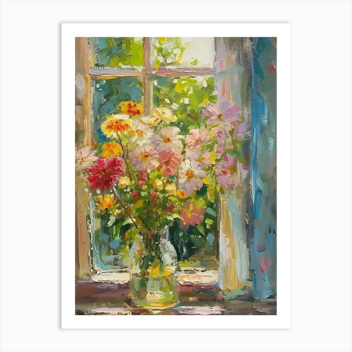 Zinnia Flowers On A Cottage Window 1 Art Print by All Things Fairy
