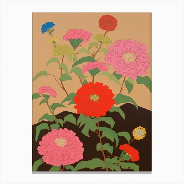 Zinnias Flower Big Bold Illustration 3 Canvas Print by Flora Expressions