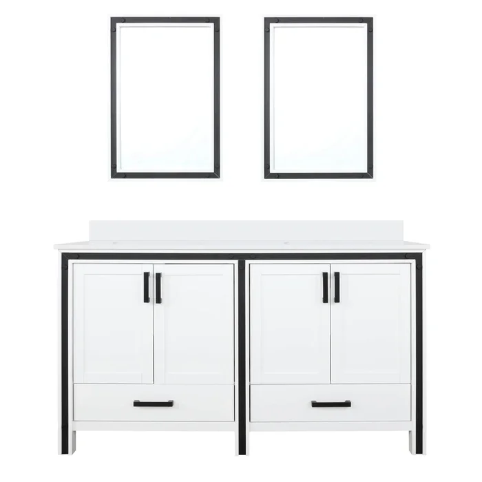 Ziva 60 in W x 22 in D White Double Bath Vanity, White Quartz Top and 22 in Mirrors