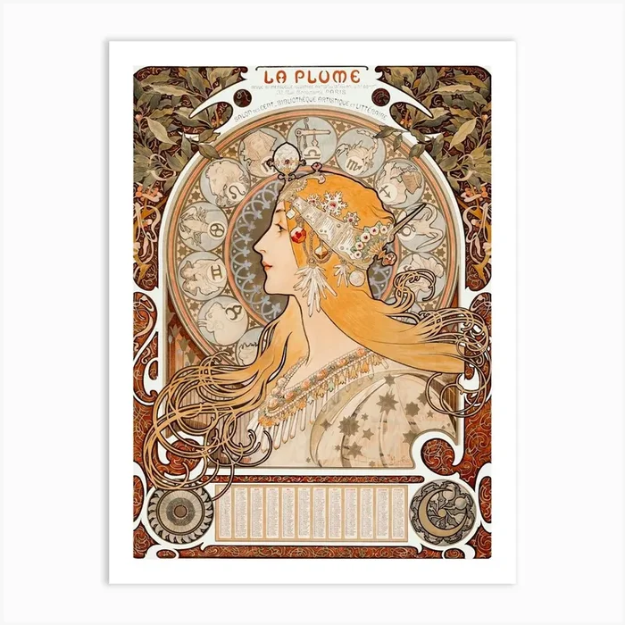 Zodiaque Or La Plume, Alphonse Mucha Art Print by Fy! Classic Art Prints and Posters
